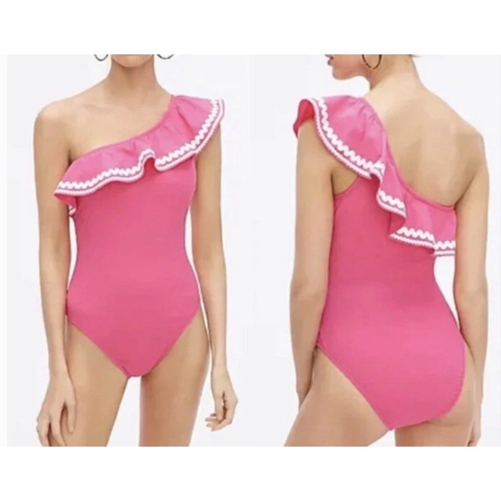 J.Crew One-Shoulder Ruffle One-Piece Swimsuit Womens 10 Pink Rickrack Preppy